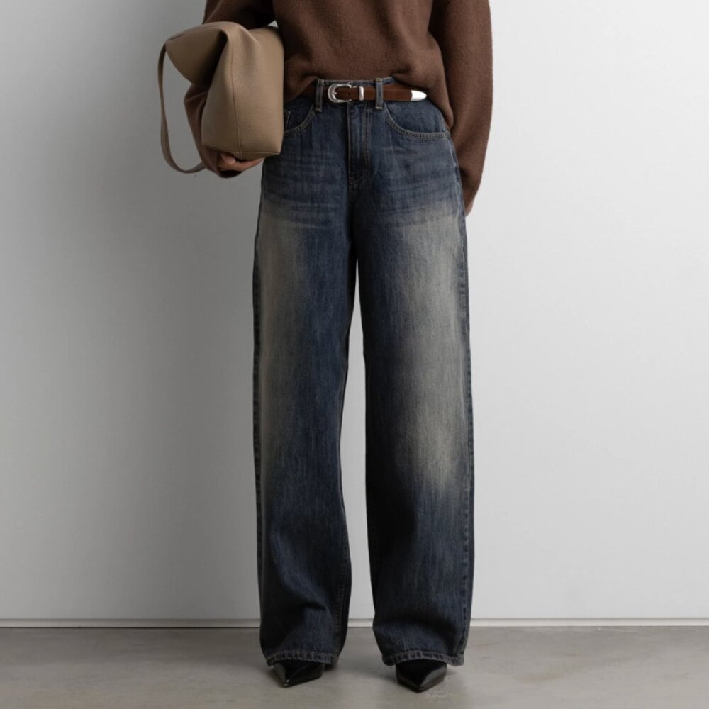 OAK + FORT | DARK WASH CURVED LEG JEAN | LARGE